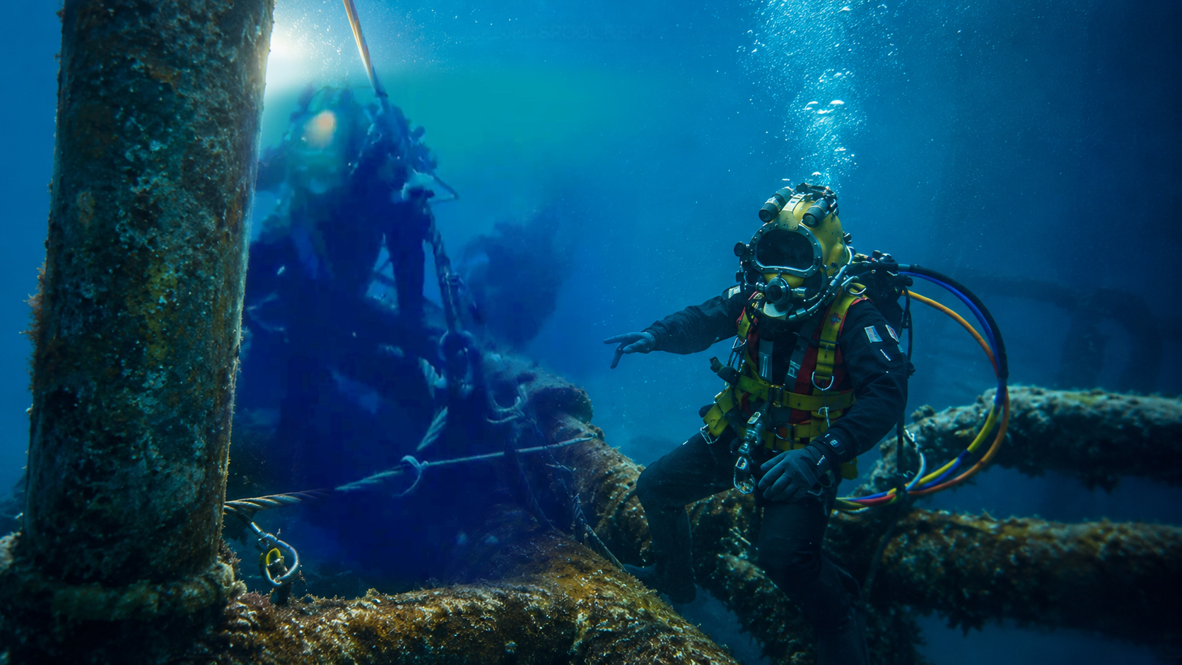 Commercial diver carrying out underwater engineering work